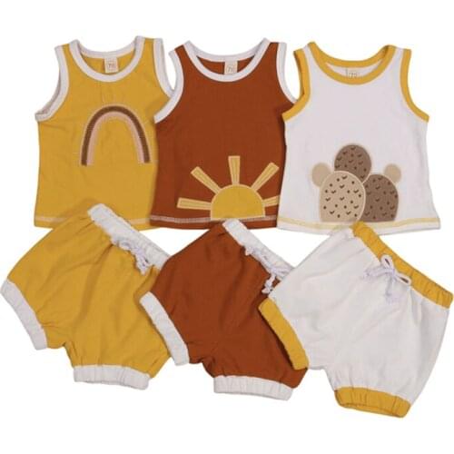 0-24M Newborn Baby Boy Girl 2Pcs Suit Set Sun Round Neck Camisole+ Short Pants Brown/Yellow/White