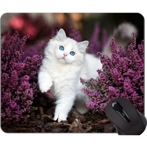 Mouse Pad with Stitched Edge,Fluffy Kitten Purple Flower Animal Cute Cat Flower Home Office Computer Accessories Mousepads