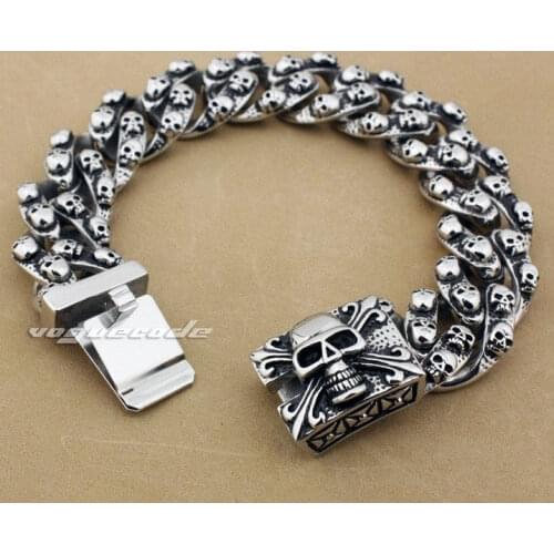 Punk Rocker Fashion Huge Heavy Bracelet Solid 316L Stainless Steel Cool Mens Biker Domineering Skulls Bracelet 5Q012