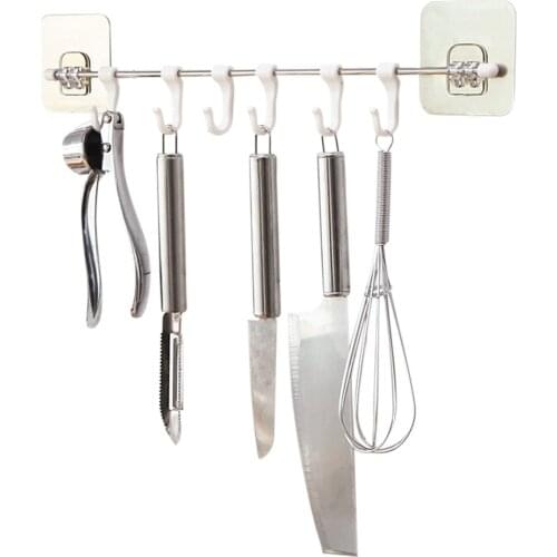 Stainless Steel Wall Hanging Rod 6 Hook Self-adhesive Wall Rack Bathroom Kitchen Rack Storage Free Punching and Strong Suction