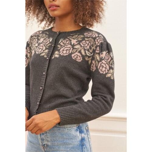 2020 Autumn and Winter New Retro Round Neck Knitted Rose Pattern Cardigan