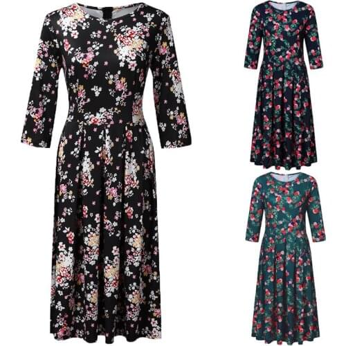 2020 Spring And Autumn New European And American Womens Slim Fit Round Neck Long Sleeve Printed Mid-length Dress