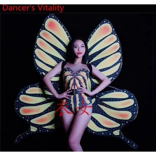 Opening Show Party Women Singer DJ Pole Jazz Dance Little Bee Butterfly Wings Body Suit Back Board Stage Wear Performance Costum