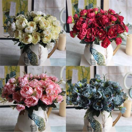 Popular Fake Silk Flowers Home Decor Artificial 5 Heads Wedding Peony Hydrangea Bouquet
