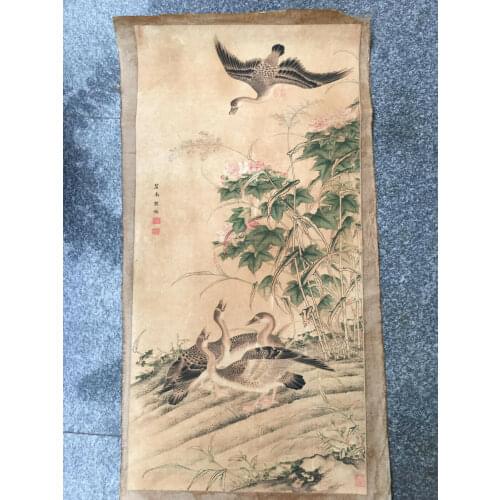 Chinese Old Scroll Qiu Jian - Lotus reed and wild goose paintings Rice painting