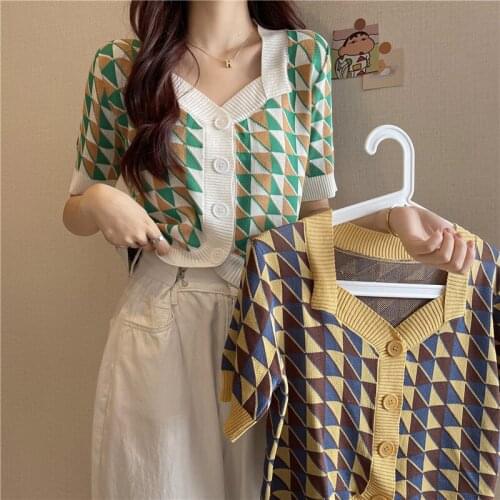 Shirt Student Cardigan Diamond Short-sleeved Sweater Women Summer New Korean Version Loose and Thin Casual Top