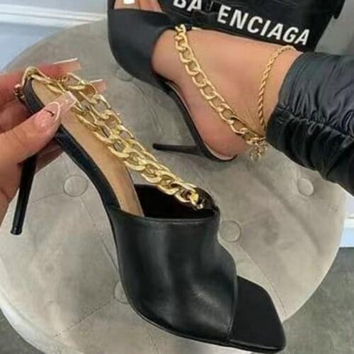 European and American style 2021 summer metal chain square toe high-heel stiletto sandals plus size