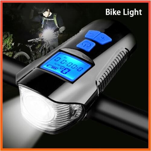 Waterproof Bicycle Light USB Charging Bike Front Light Flashlight Handlebar Cycling Head Light w/ Horn Speed Meter LCD Screen