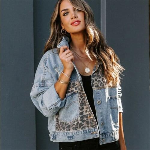 2021 Autumn Fashion Women Denim Jacket Full Sleeve Loose Button Short Lapel Wild Leisure Outerwear Leopard Spliced Jackets Coat