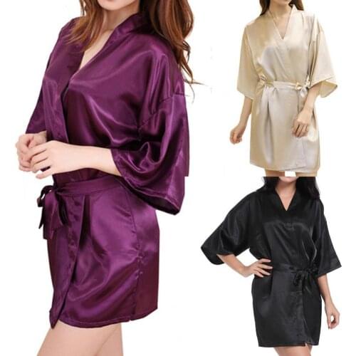Women Robe Nightdress Imitation Silk Sleepwear Wine Red Lingeries Night Mini Dress V Neck Nightgown Gown Robe Pijamas De Mujer