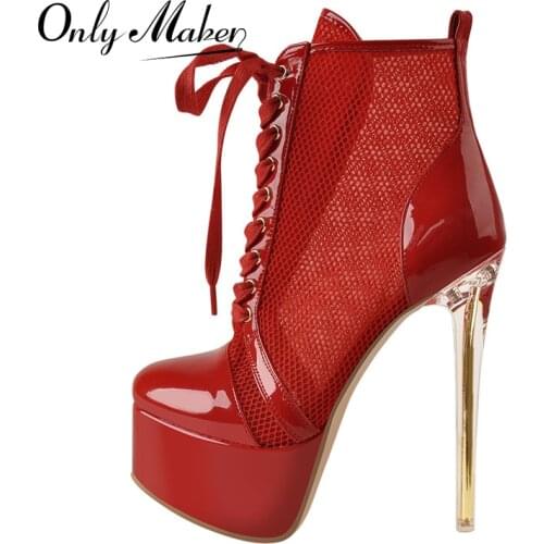 Onlymaker Womens Lace-Up Ankle Boots Platform Black Red Patent Leather Mesh Hollow Clear Metal Thin High Heel Booties Casual