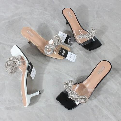 Womens Fashion Sandals 2021 Summer New PVC Material Rhinestone High Heel Sandals Female Stiletto Outer Slippers 7CM