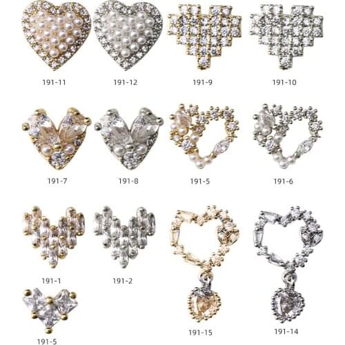10pcs 3D Hollow Love Heart Alloy Nail Art Zircon Pearl Crystal Metal Manicure DIY Nails Accessories Supplies Decorations Charms