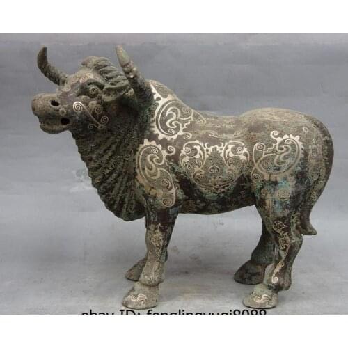 14 Chinese Dynasty Pure Bronze Silver-Gilt Bull Cattle Ox Cow Statue Sculpture