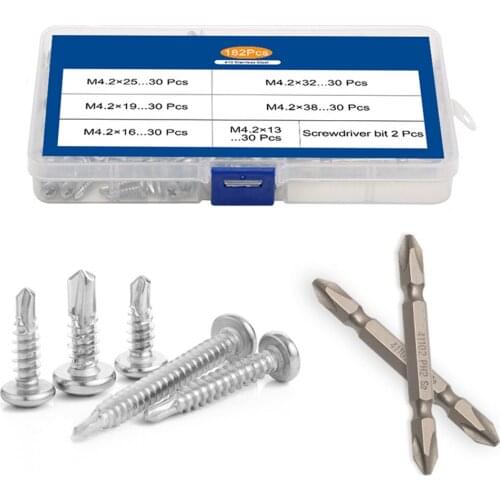 182Pcs 410 Stainless Steel Round Head Drill Tail Thread Self Tapping Screw Set Dovetail Screw M4.2
