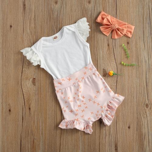 2021 Baby Summer Clothing Girl Set Cute Flying Sleeve Romper Stars Shorts and Headwear Three-piece Suit for Birthday Party 3-18M