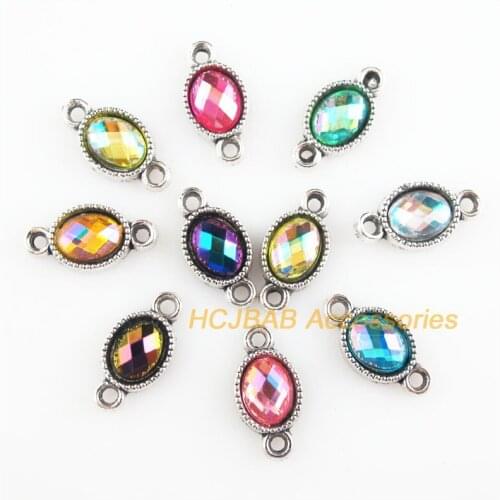 30Pcs Tibetan Silver Tone Oval Flower Mixed AB Acrylic Charms Connectors 8.5x16.5mm