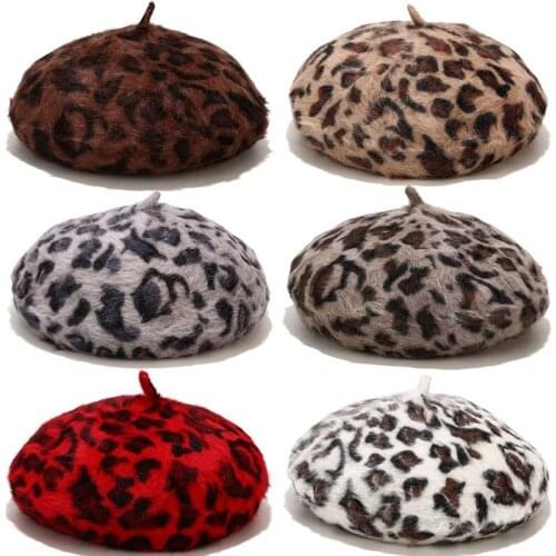 Leopard Print Winter Berets Women Fashion Soft Wool Beret Hat Female 2020 Fashion Warm Flat Beanie Hats Vintage Elegant Lady Cap