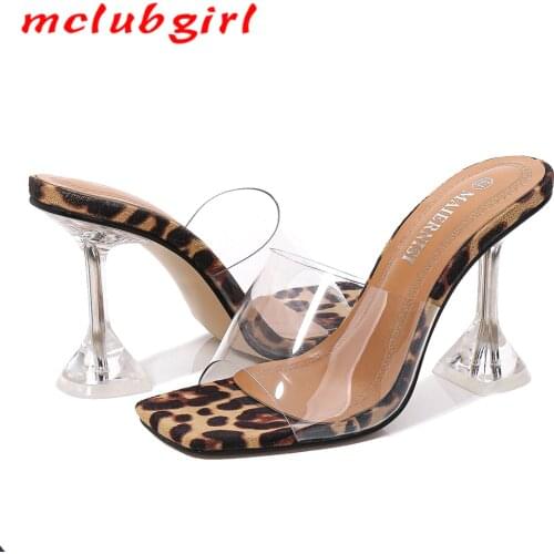 MCLUBGIRL Big Shoes 45 46 Leopard Print Sandals Open Toe High Heels Transparent Perspex Slippers Heel Clear Sandals WZ-9720