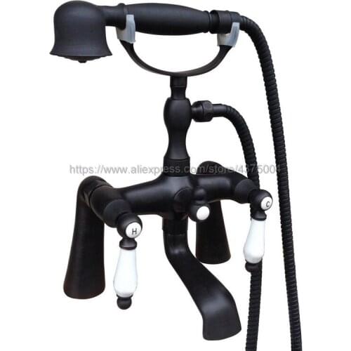 Black Oil Rubbed Brass Dual Handle Bathroom Tub Faucet Deck Mounted Bathtub Mixer Taps with Handshower Ntf505