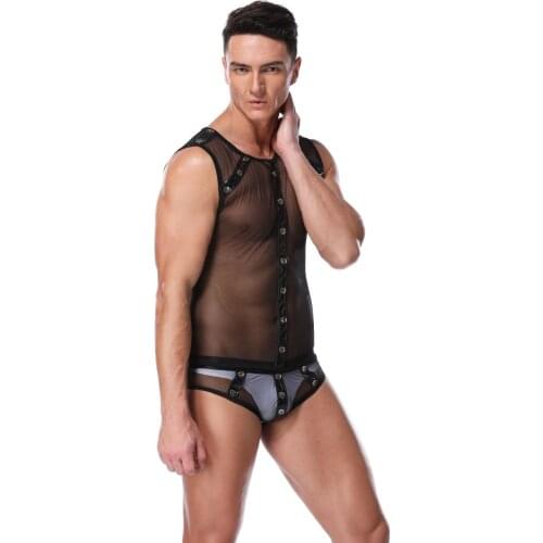 Black Sexy Male Pole Dance Jumpsuits Suits Mesh O-neck Jumpsuit Halloween Cosplay Costumes High Quality Stage Uniform For Man