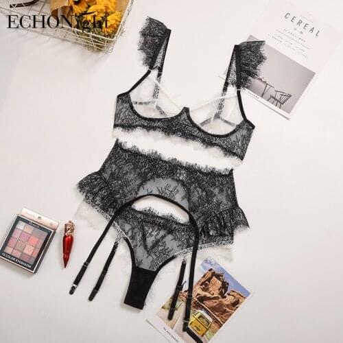 Echonight Womens Underwear Set Lace Lenceria Patchwork Erotic Transparent Lingerie for Women Push Up Bra Lace Underwear Bra Set
