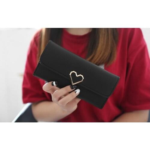 2021 New Cute PU Leather Purse Heart-shaped Decoration Long Multi-card Wallet Purse Buckle Clutch Mobile Phone Student Womens W