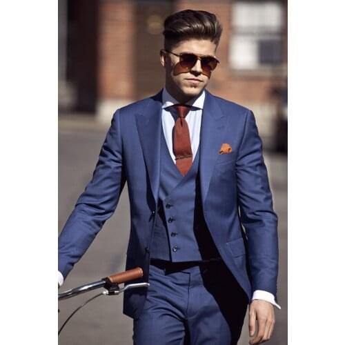 New Arrival Groom Tuxedo Blue Groomsmen Peak Lapel Wedding/Dinner Suits Best Man Bridegroom (Jacket+Pants+Tie+Vest)B317