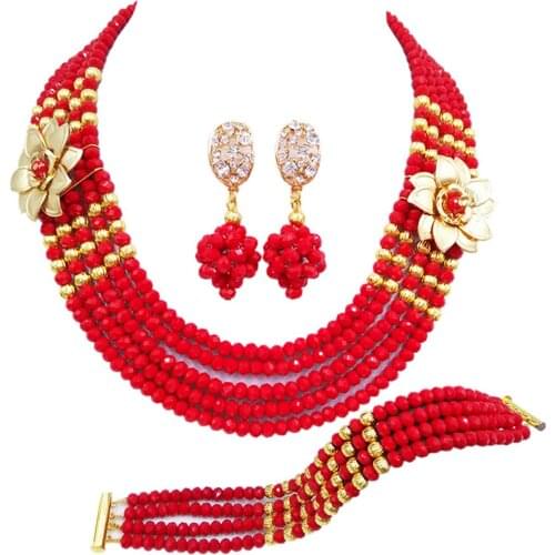 Excellent opaque red african wedding beads 5 rows double flower crystal bead nigerian jewelry set 5C-SXH-07