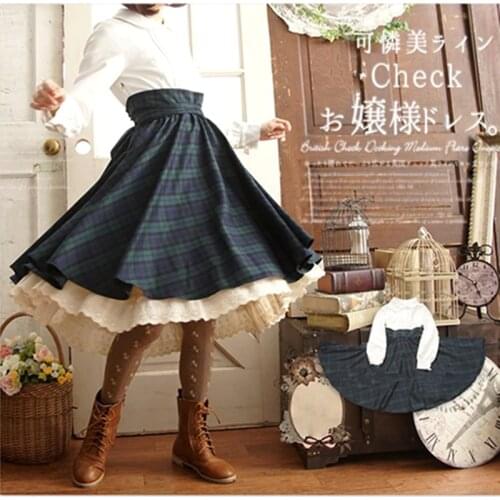 Japan Mori Girl High Waist Fake Two Piece Patchwork Vintage Plaid Dress