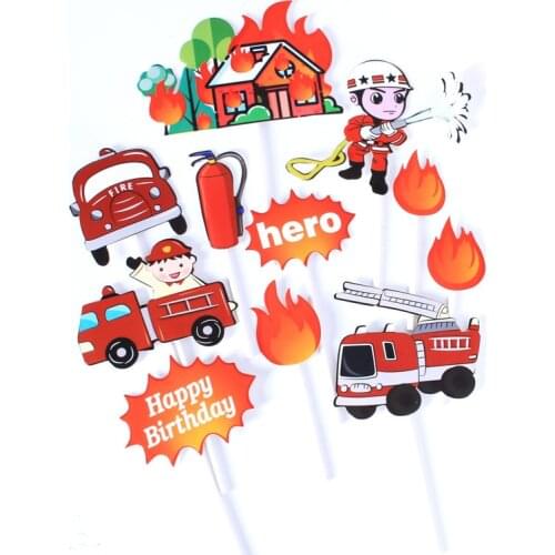Firefighters Fireman Set Fire Ladder Truck DIY Cake Topper Cake Cupcake Toppers Boys Men Birthday Party Dessert Decor Flags