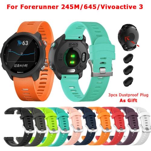 Watchband and 3pcs Dustproof Plug Cap For Garmin Forerunner 245M 645 Vivoactive 3 Venu SQ Watch Band Sport Silicone Wrist Strap