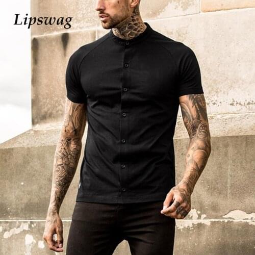 Summer Casual Men Short Sleeve Solid Shirt 2021 Fashion Button Stand Collar Shirt Man Vintage Slim Cardigan Tops Street Clothing