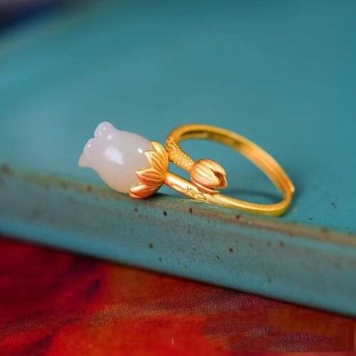 S925 Sterling Silver Anti-Allergy Hetian Jade Magnolia Gold Ring Vintage Temperament Ring Ring Ornament