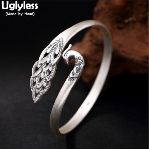 Uglyless Real S 999 Fine Silver Bangles Women Vintage Pheonix Bangle Elegant Lady Ethnic Peacock Jewelry Handmade Floral Bijoux