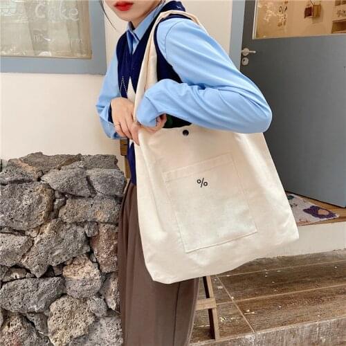 Large Capacity Canvas Korean Fashion Embroidery Symbol Shopping Bag for Women 2021 New Lady Students Shoulder Tote Bags Handbags