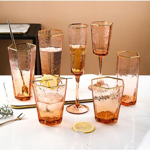 1Pcs Japanese Phnom Penh Wine Glass Hexagonal Hammered Glass Cup Amber Crystal Champagne Glasses Home Bar Milk Juice Water Cup