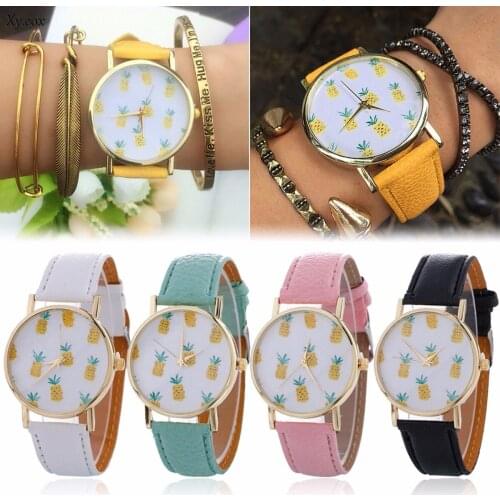 Womens Fashion Pineapple Pattern Leather Band Analog Quartz Wrist Watch