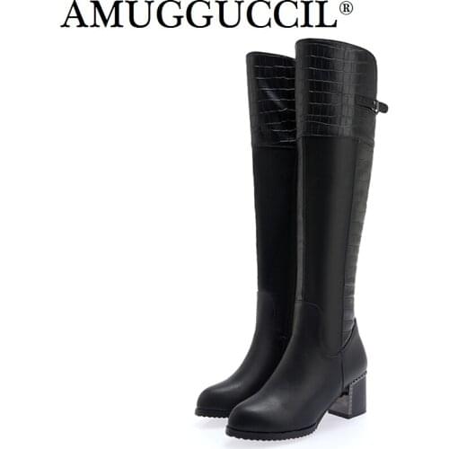 Plus Big Size 32-43 Black Zip Buckle Fashion Sexy Over The Knee Thigh High Autumn Winter Lady Women Boot X1689