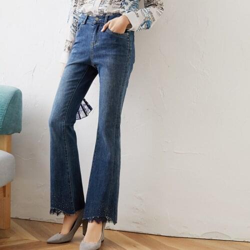 Lace water drill New micro ratchet slim fit jeans women s autumn casual pants flare pants