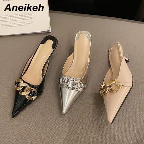 Aneikeh New Summer Fashion Low Thin Heel Sandals Pointed Toe Patent Leather Metal Decoration Ladies Outside Slippers Slip-On
