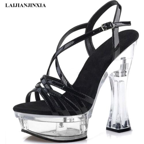 Roman Hollow Narrow Band Crystal Spool Heels Womens Sandals 6 inches Super High Heeled Shoes 14 CM Models Stage Fashion Shoes