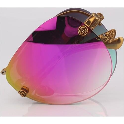Rimless folding sunglasses women rose gold mirror lenses with metal flower