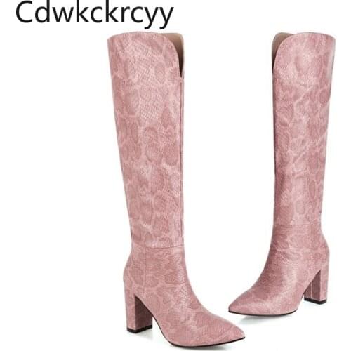 Winter The New fashion Pointed Takato Knight boots black white Pink Snakeskin pattern Sexy High heels Women boots size 34-48