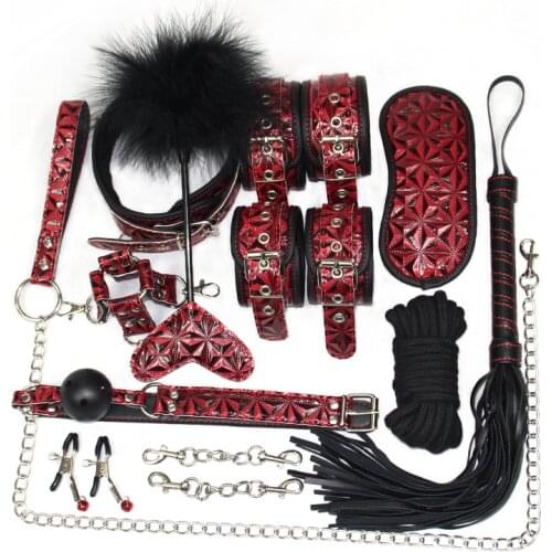 10Pcs/Set Diamond Pattern SM BDSM Sex Toys Leather + plush Handcuffs Ankle Cuffs/Whip/Nipple Clip/Mouth Plug/ Adult Bundle Game