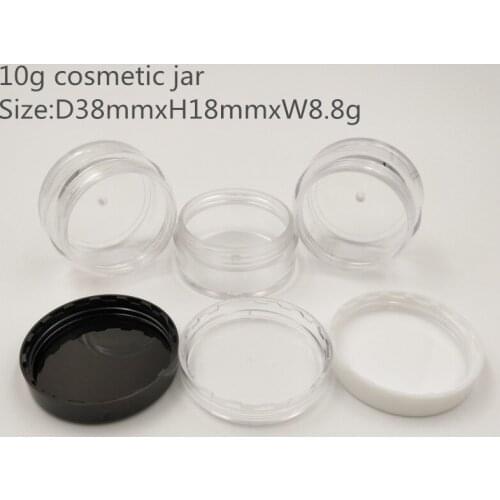 100pcs/lot 10g Plastic Empty Clear Jar Cosmetics Container with Black white clear Lid Sample Jar