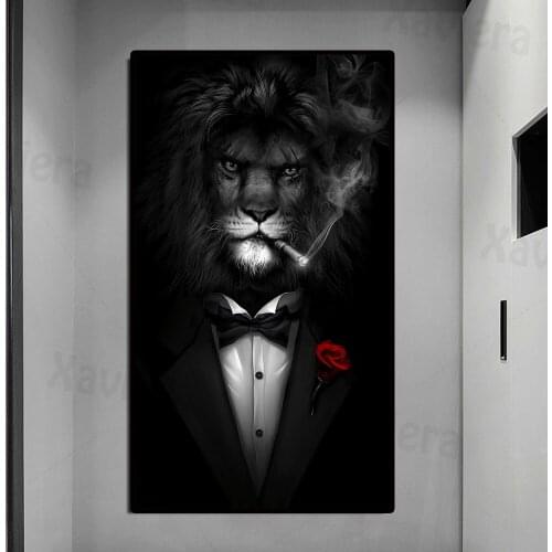 Abstract Animal Wild Lion Smoking Cigar Art Poster Nordic Black and White Canvas Painting On The Wall Home Decor for Living Room
