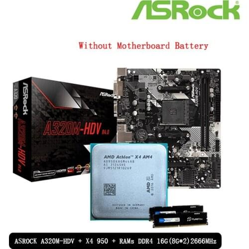 AMD Athlon X4 950 CPU + ASROCK A320M HDV R4.0 Motherboard + PumeitouDDR4 16G（2*8G）2666 MHz RAMs Suit Socket AM4 All new