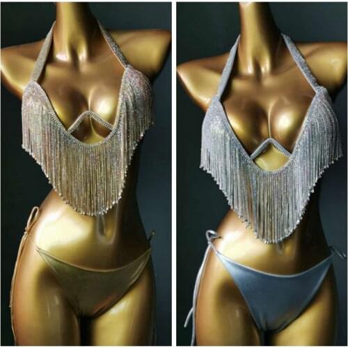 Diamond Bikini Steel Holder Hard Cup Swimsuit Tassel Swimwear Sewing Sexy Drilling High Street Nightwear Bathing Suit 2021 New