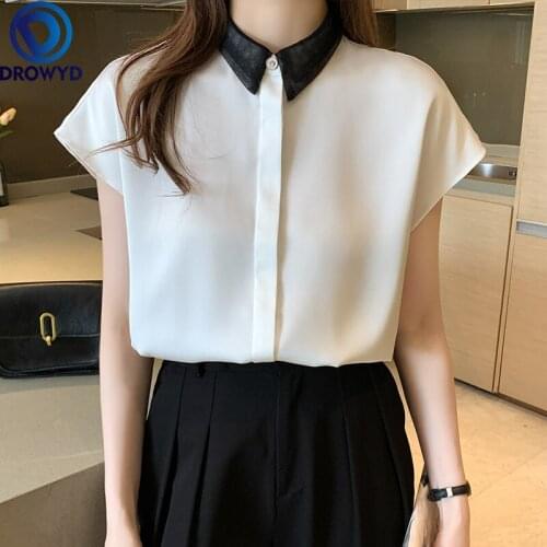 2021 Summer Women Blouses Button Up Satin Silk White Shirt Vintage Short Sleeve Turn-down Collar Top Women Street Shirts DROWYD
